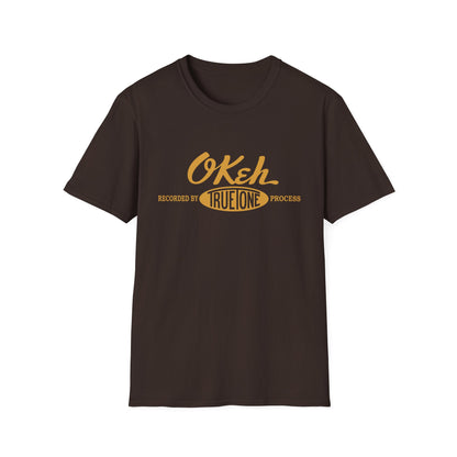 Brown t-shirt with yellow text "OKeh Recorded by TRUE!ONE Process".
