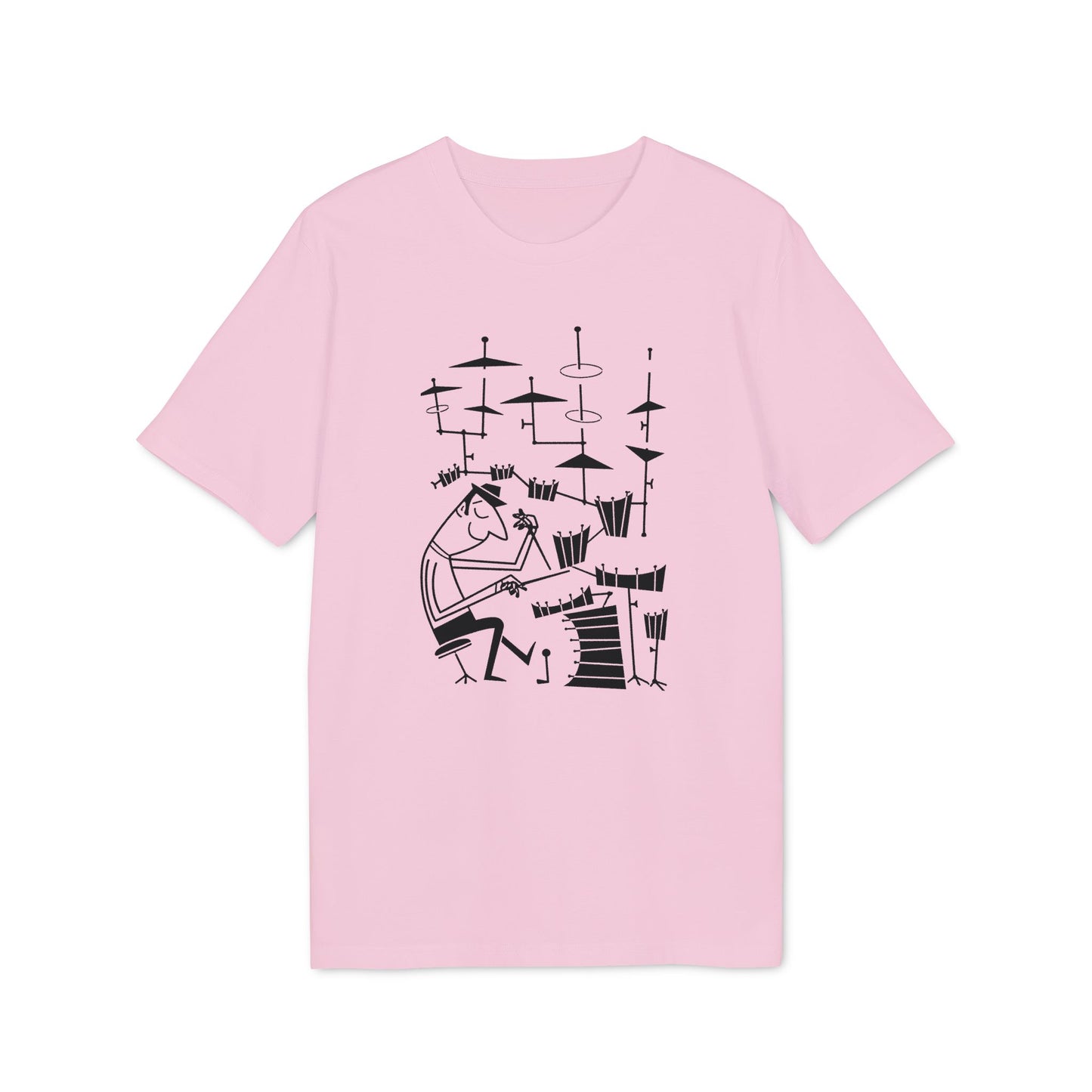 Pink t-shirt with a black line drawing of a drummer at a drum set.
