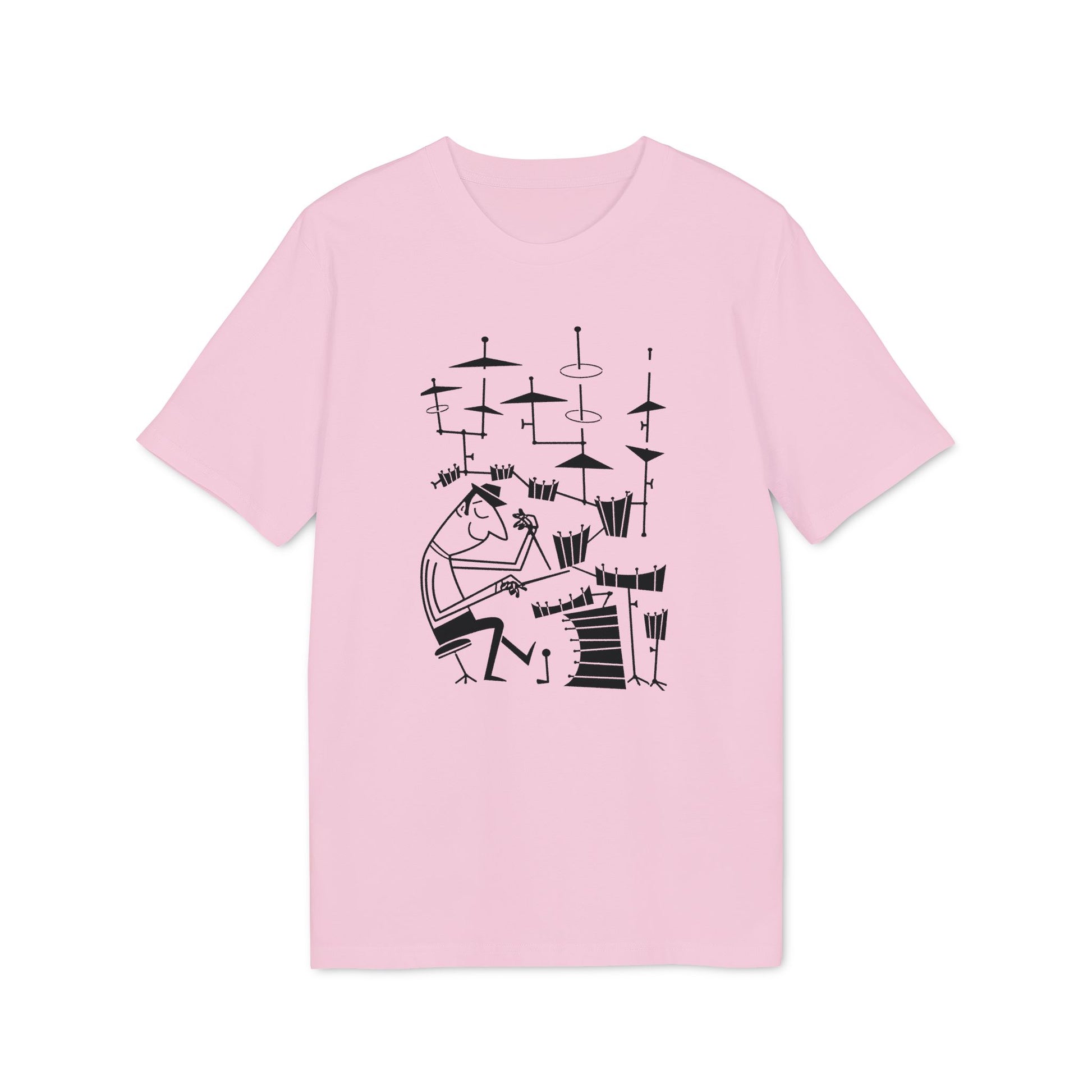 Pink t-shirt with a black line drawing of a drummer at a drum set.