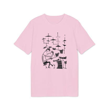 Pink t-shirt with a black line drawing of a drummer at a drum set.