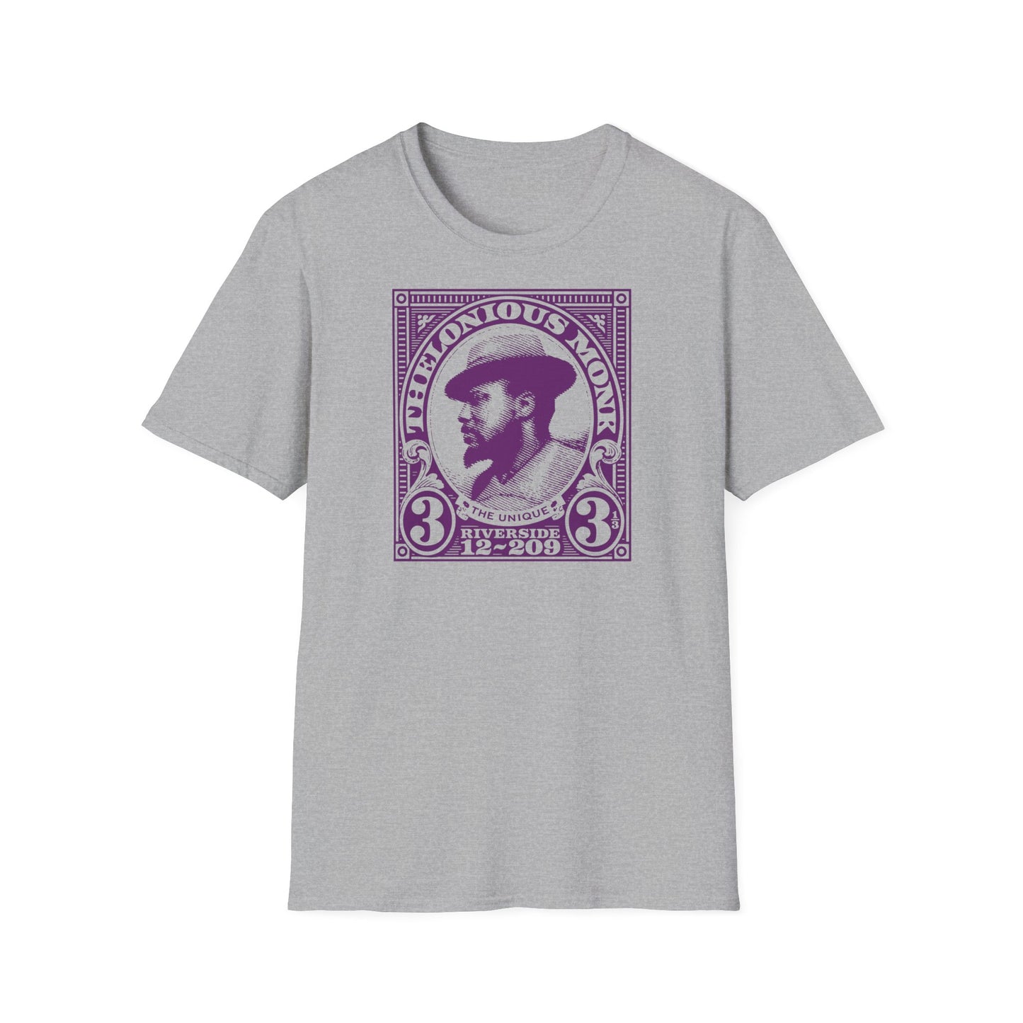 Thelonious Monk portrait in purple stamp-like design on a grey t-shirt.