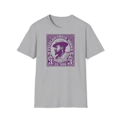 Thelonious Monk portrait in purple stamp-like design on a grey t-shirt.