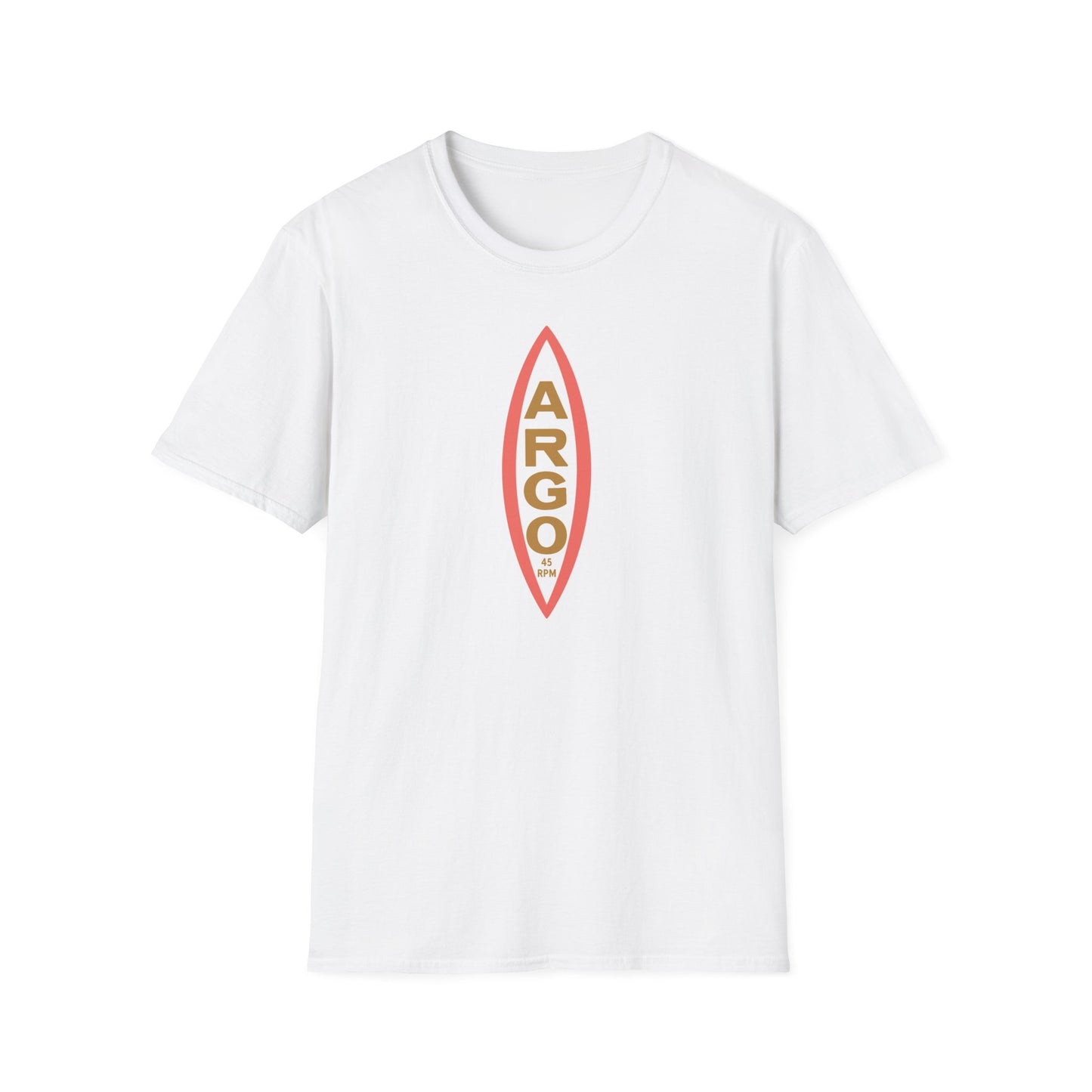 White t-shirt with vertical "ARGO 45 RPM" text and a red outline.