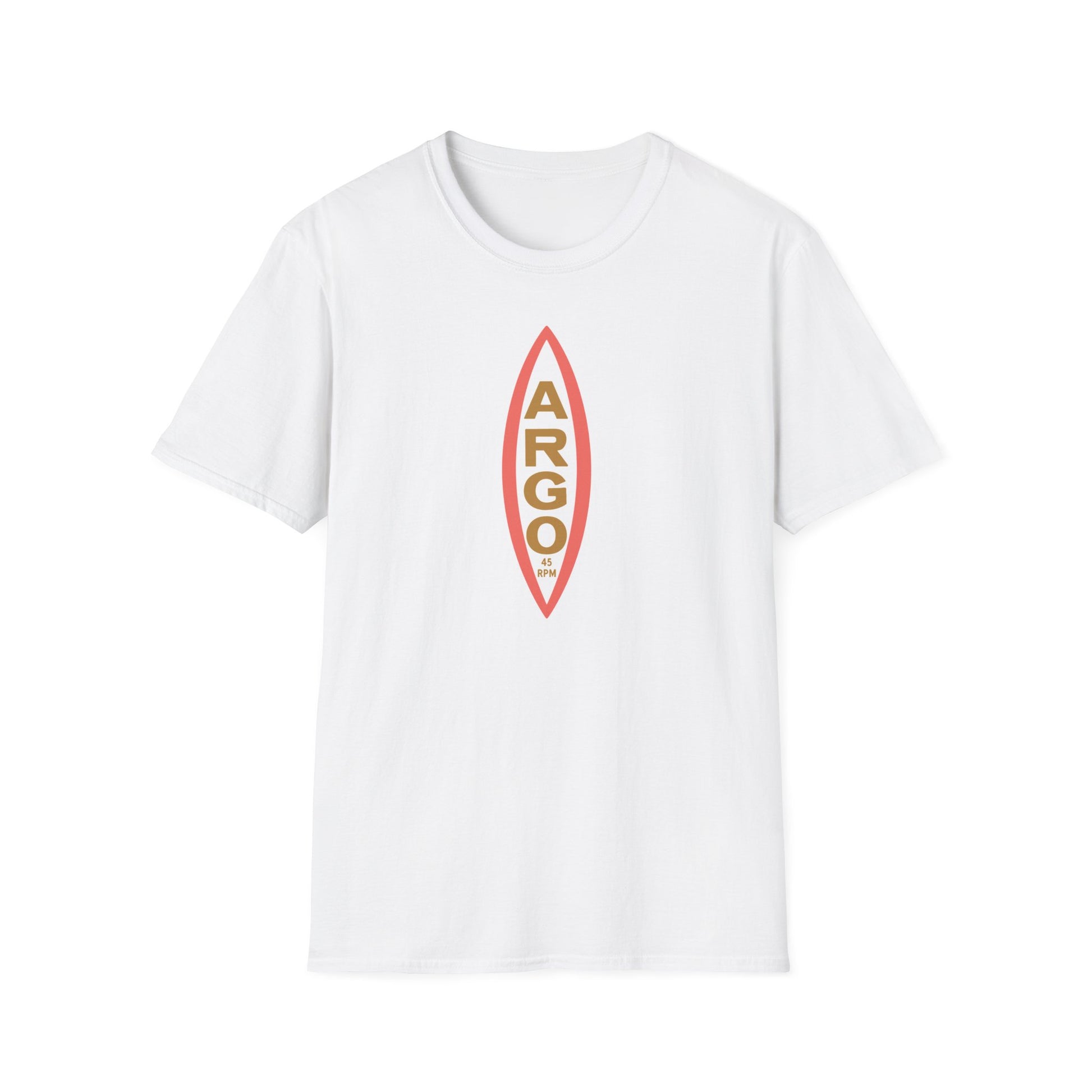 White t-shirt with vertical "ARGO 45 RPM" text and a red outline.