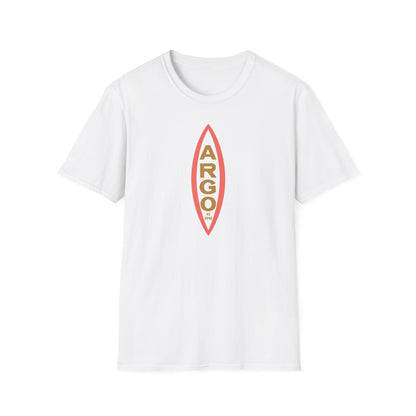 White t-shirt with vertical "ARGO 45 RPM" text and a red outline.