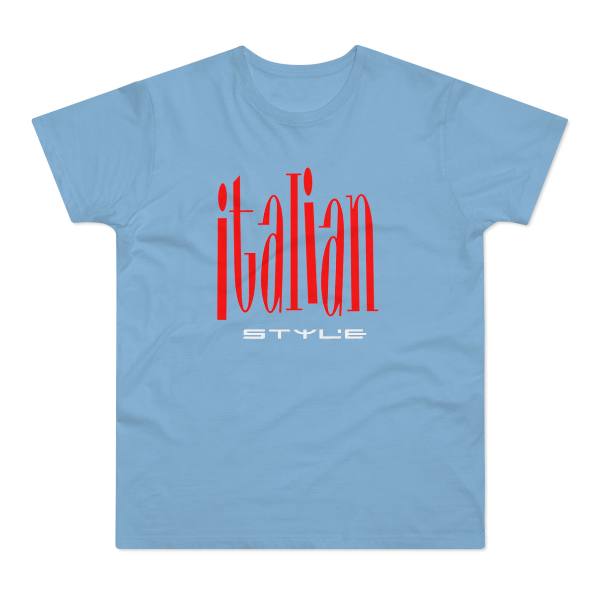Light blue t-shirt with "italian STYLE" in red and white text.