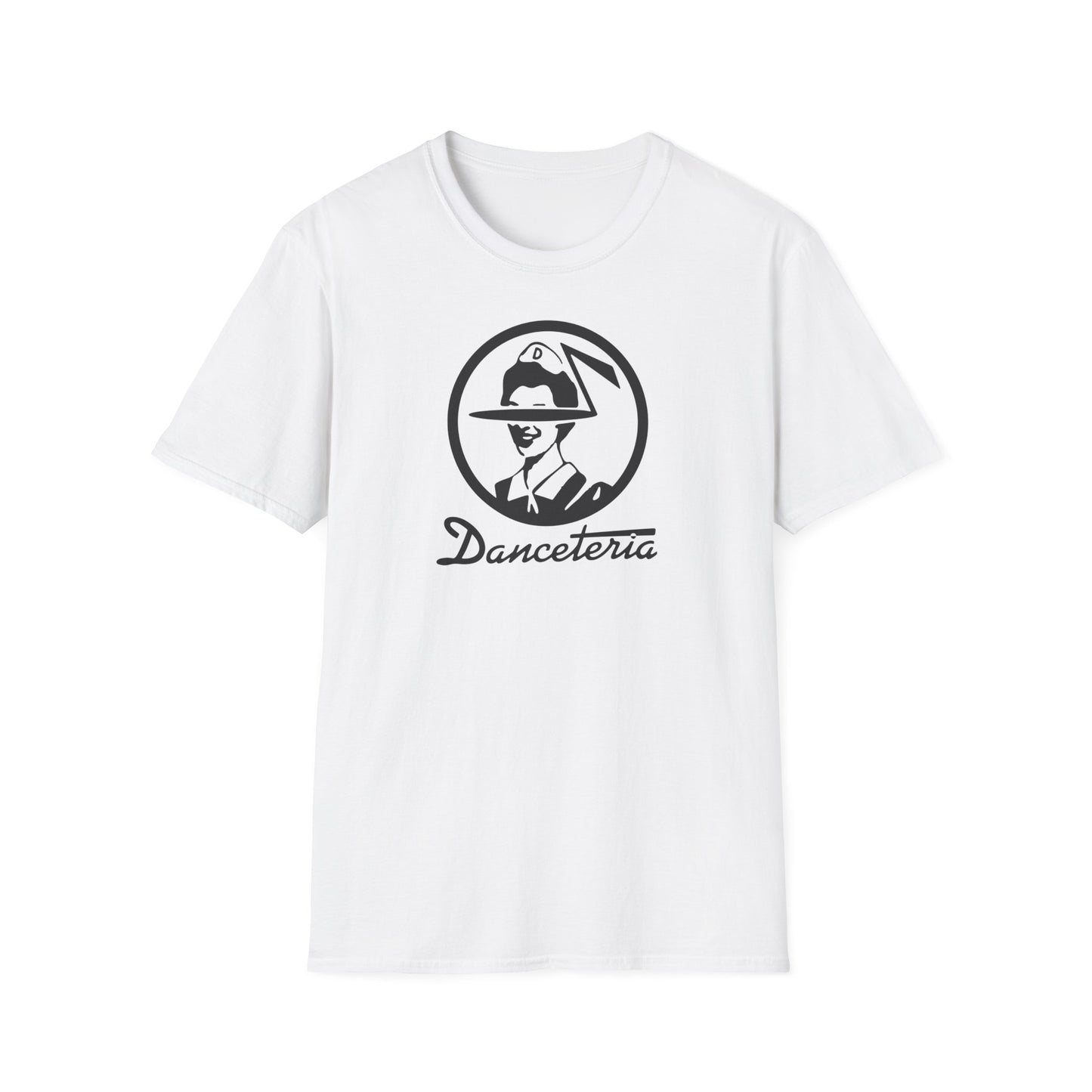 White t-shirt with black graphic logo and "Danceteria" text.