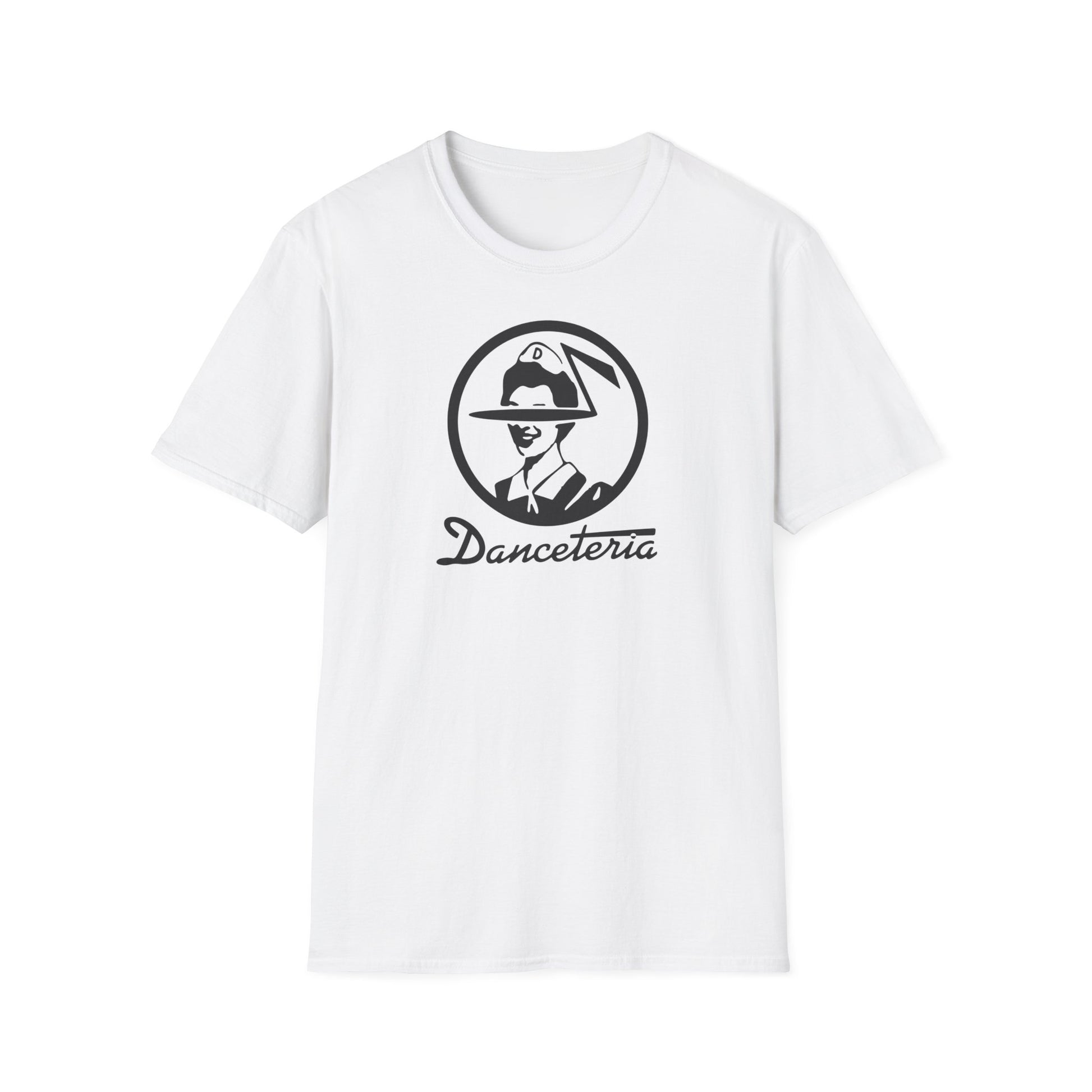 White t-shirt with black graphic logo and "Danceteria" text.