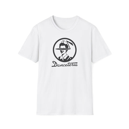 White t-shirt with black graphic logo and "Danceteria" text.