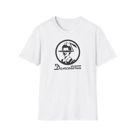 White t-shirt with black graphic logo and "Danceteria" text.