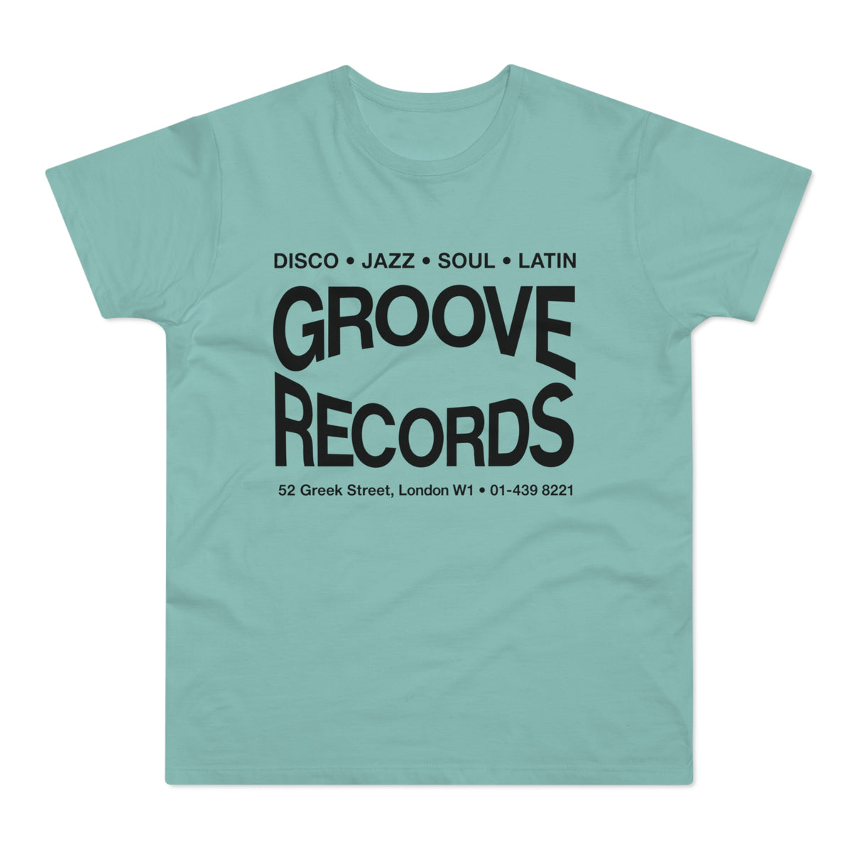 Teal t-shirt with black text: "Groove Records" and address.