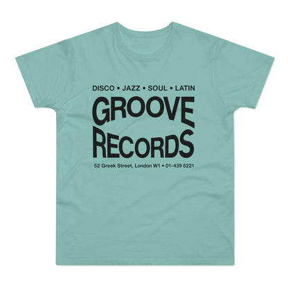 Teal t-shirt with black text: "Groove Records" and address.