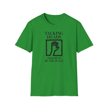 Green t-shirt with "Talking Heads" and "This Must Be The Place" lyrics and graphic.