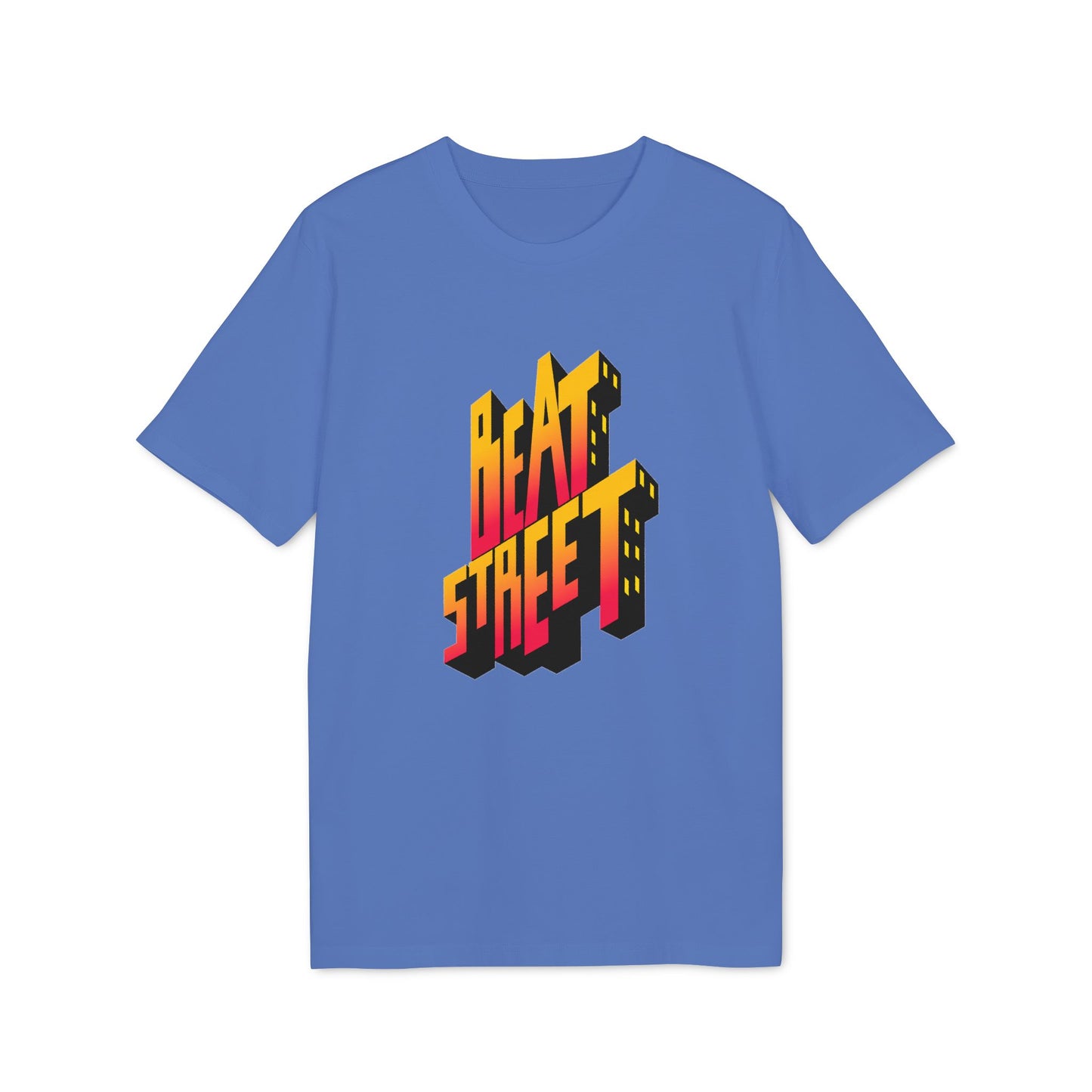 Blue t-shirt with a 3D graphic featuring the words "BEAT STREET" in block letters.