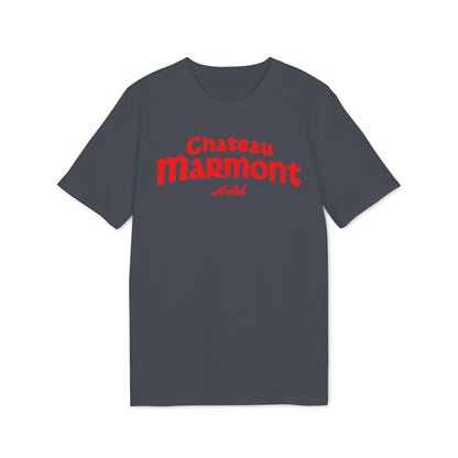 Dark grey t-shirt with red "Chateau Marmont Hotel" text on the front.