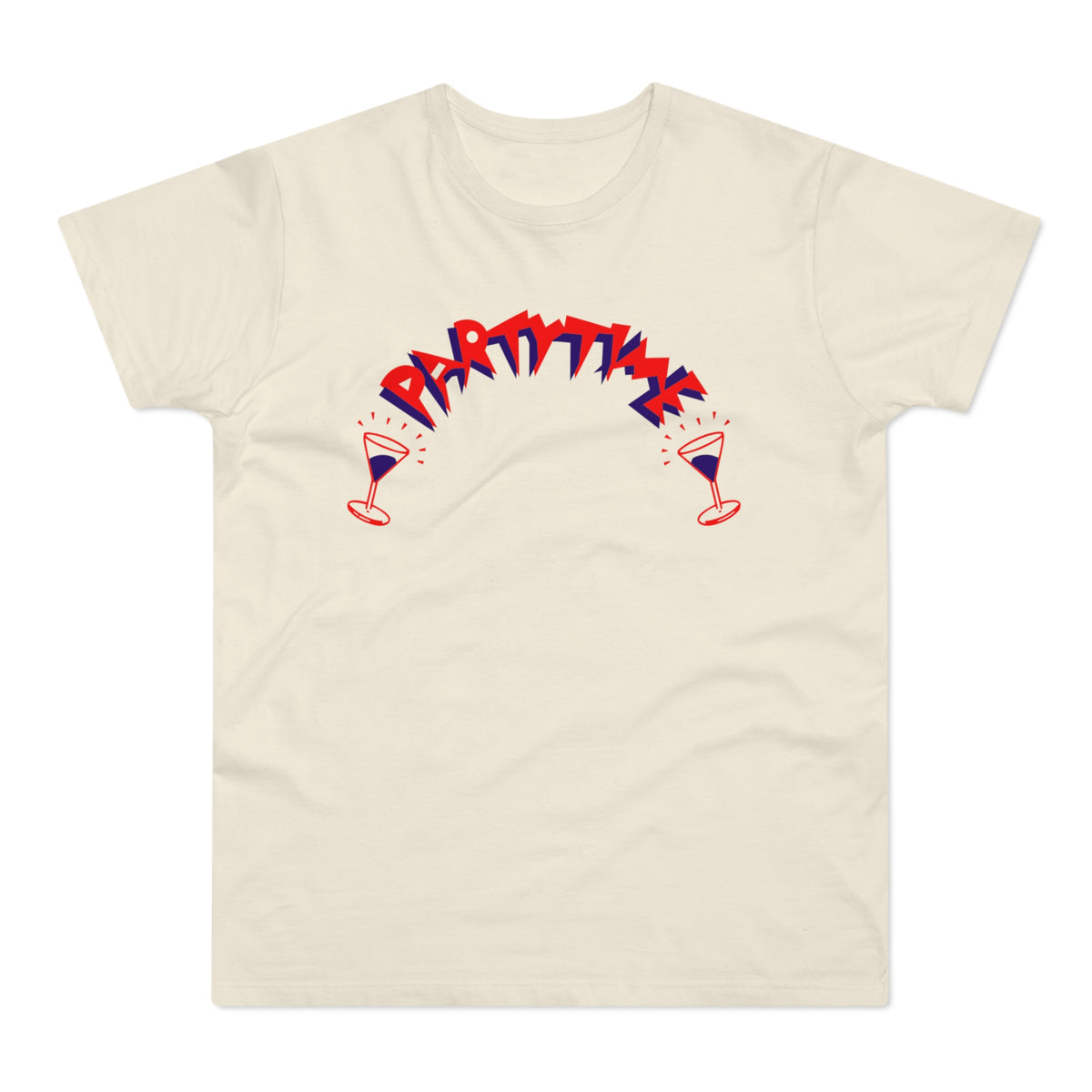 Cream t-shirt with arched "PARTY TIME" text and two martini glasses.