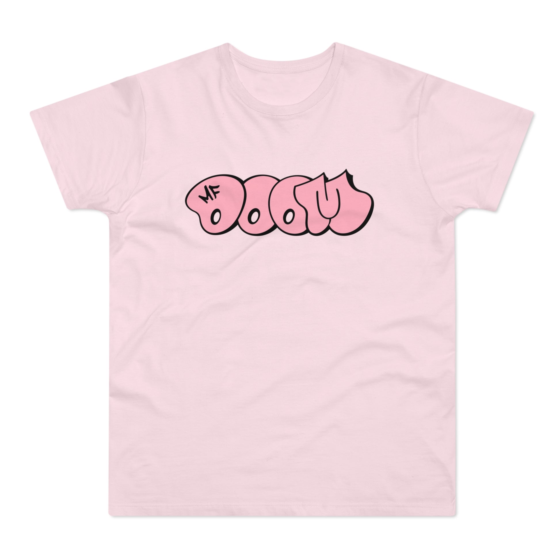 Pink t-shirt with pink bubble lettering spelling "MF DOOM".