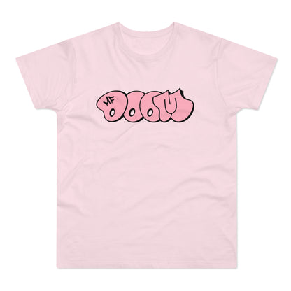 Pink t-shirt with pink bubble lettering spelling "MF DOOM".