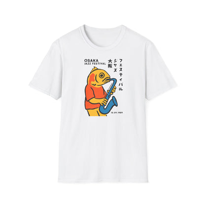 White t-shirt with Osaka Jazz Festival logo featuring a fish playing saxophone, dated 10.09.1989.