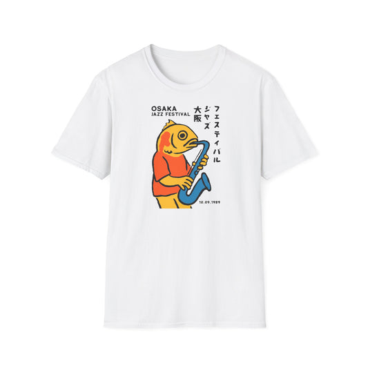 White t-shirt with Osaka Jazz Festival logo featuring a fish playing saxophone, dated 10.09.1989.