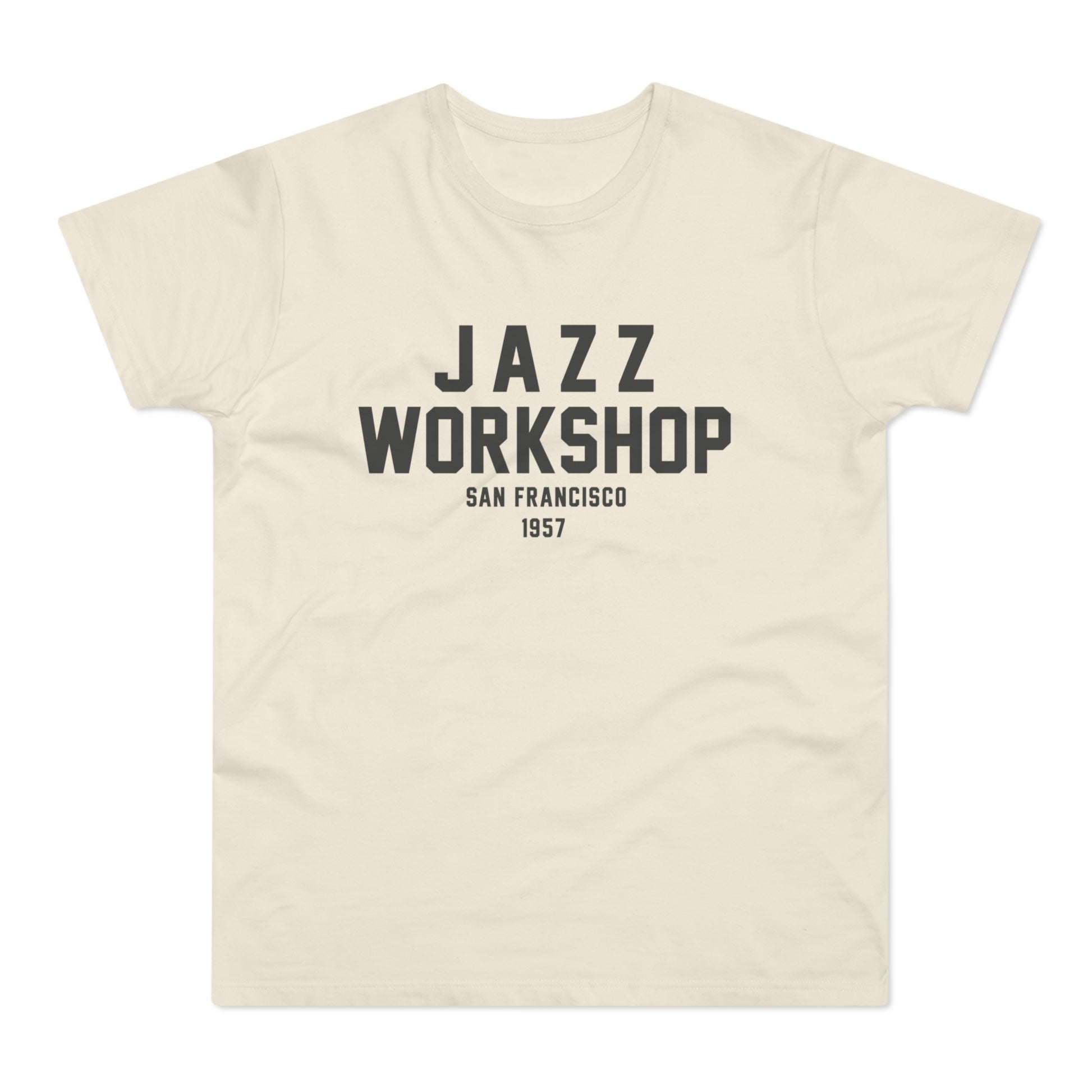 Cream t-shirt with black text "JAZZ WORKSHOP SAN FRANCISCO 1957"