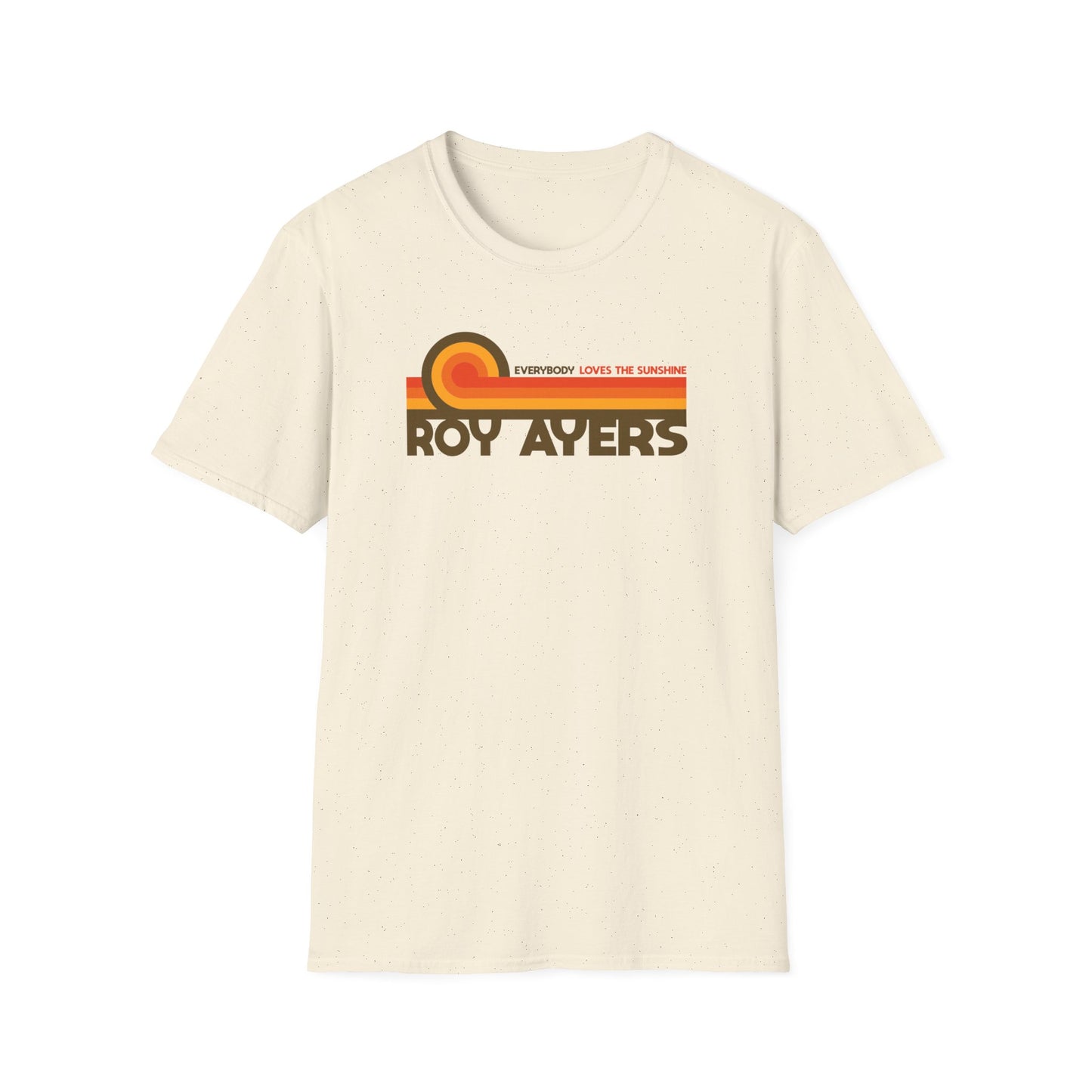 Cream t-shirt with retro "Roy Ayers Everybody Loves the Sunshine" graphic.