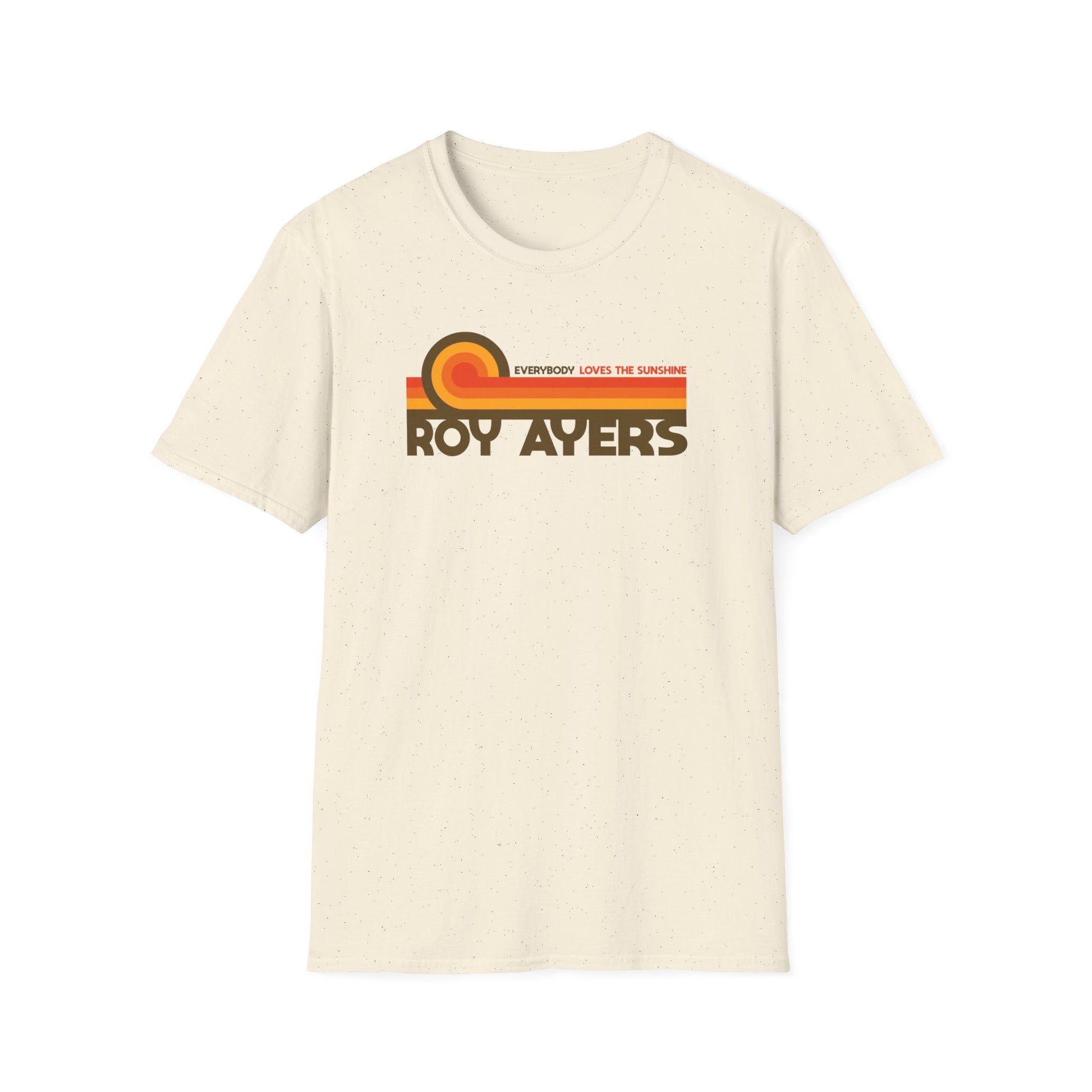 Cream t-shirt with retro "Roy Ayers Everybody Loves the Sunshine" graphic.