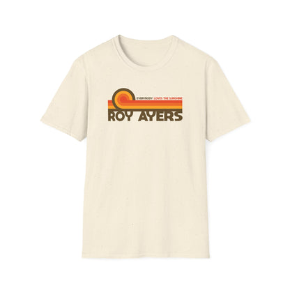Cream t-shirt with retro "Roy Ayers Everybody Loves the Sunshine" graphic.