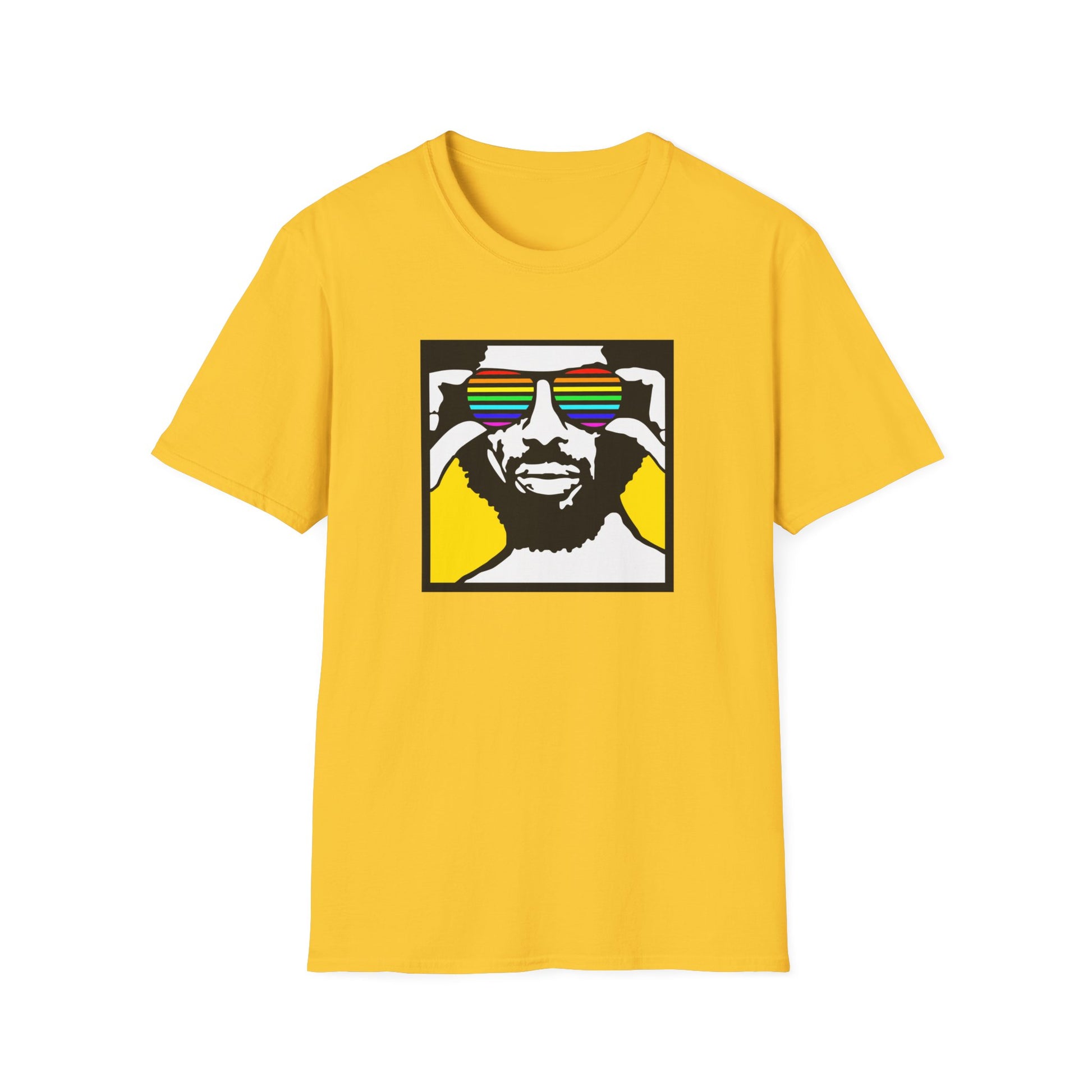 Yellow t-shirt with graphic of a person wearing rainbow striped sunglasses.