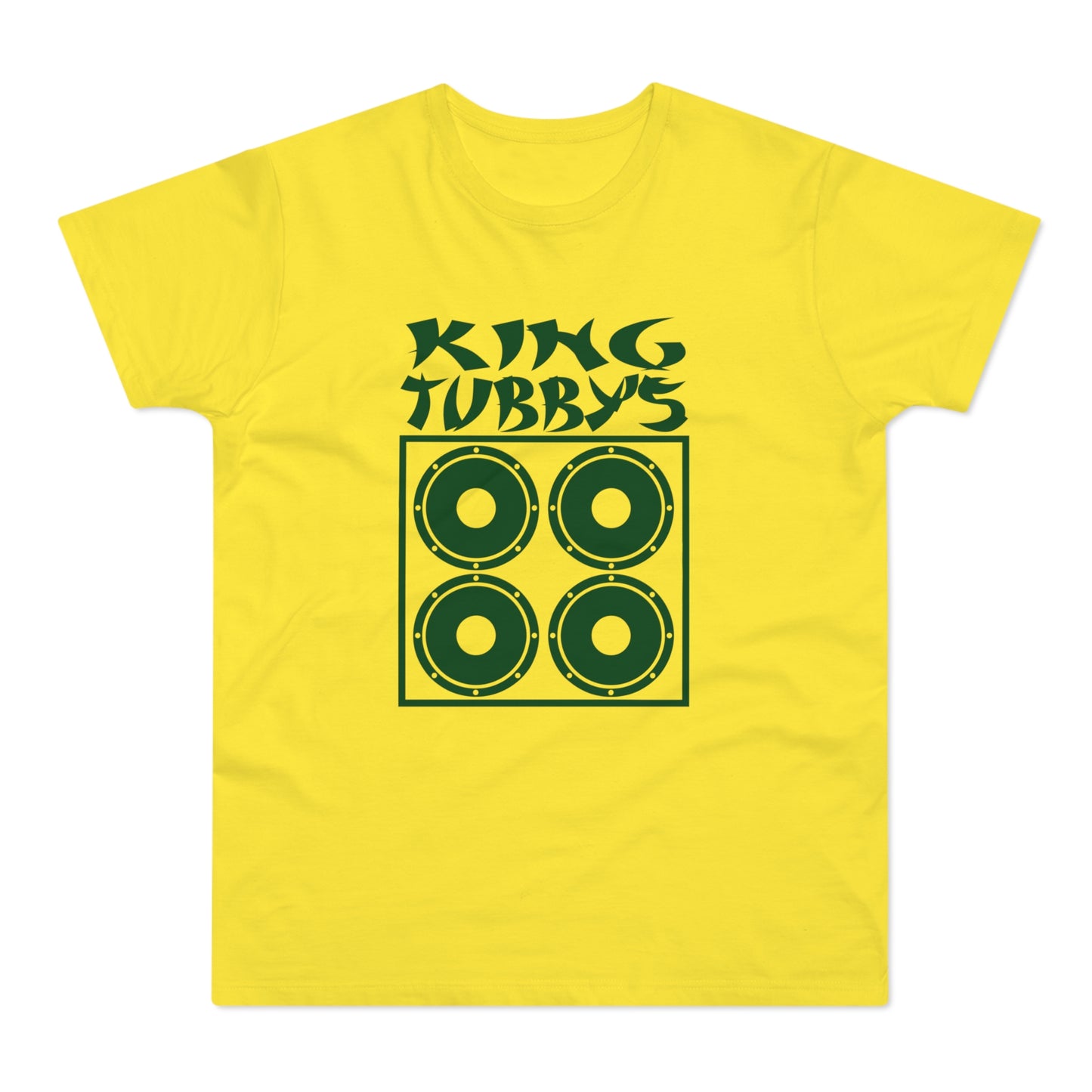 Yellow t-shirt with green King Tubby's text and four speaker graphic.