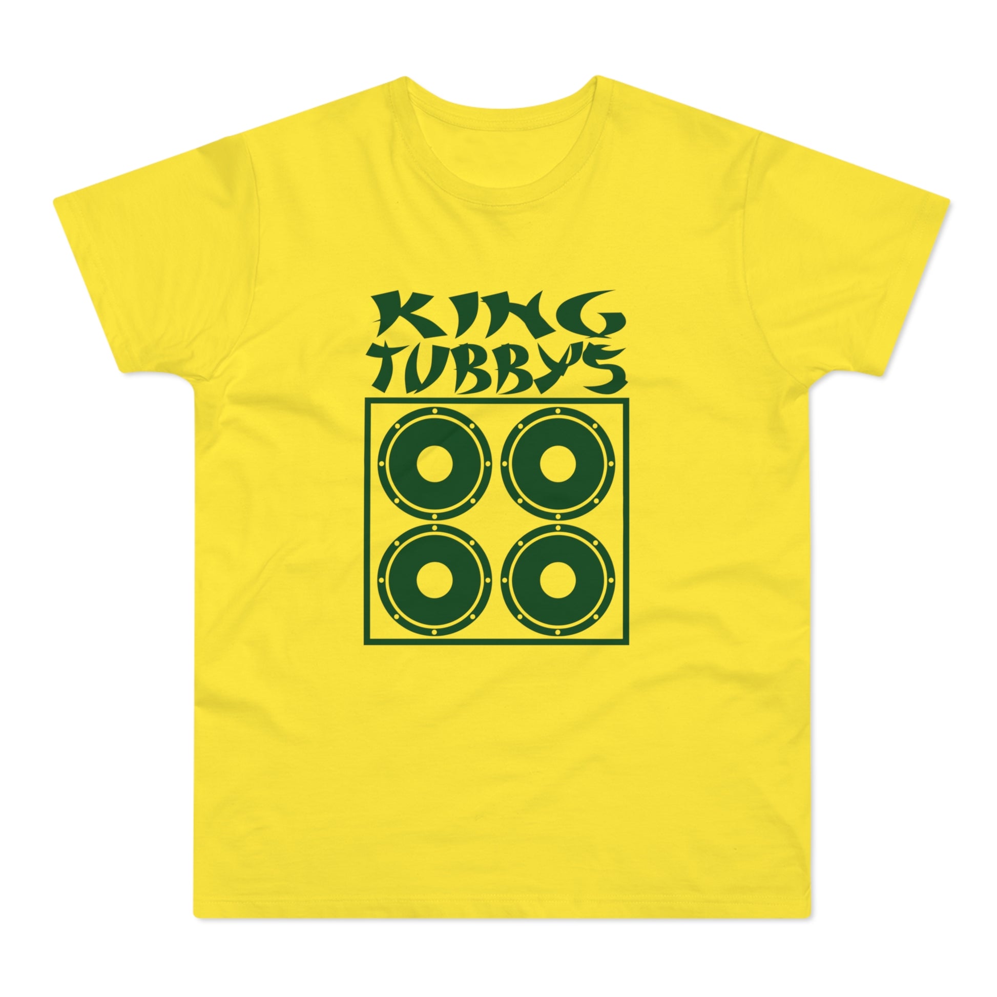 Yellow t-shirt with green King Tubby's text and four speaker graphic.