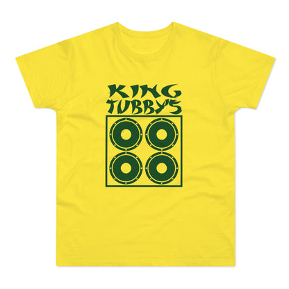 Yellow t-shirt with green King Tubby's text and four speaker graphic.