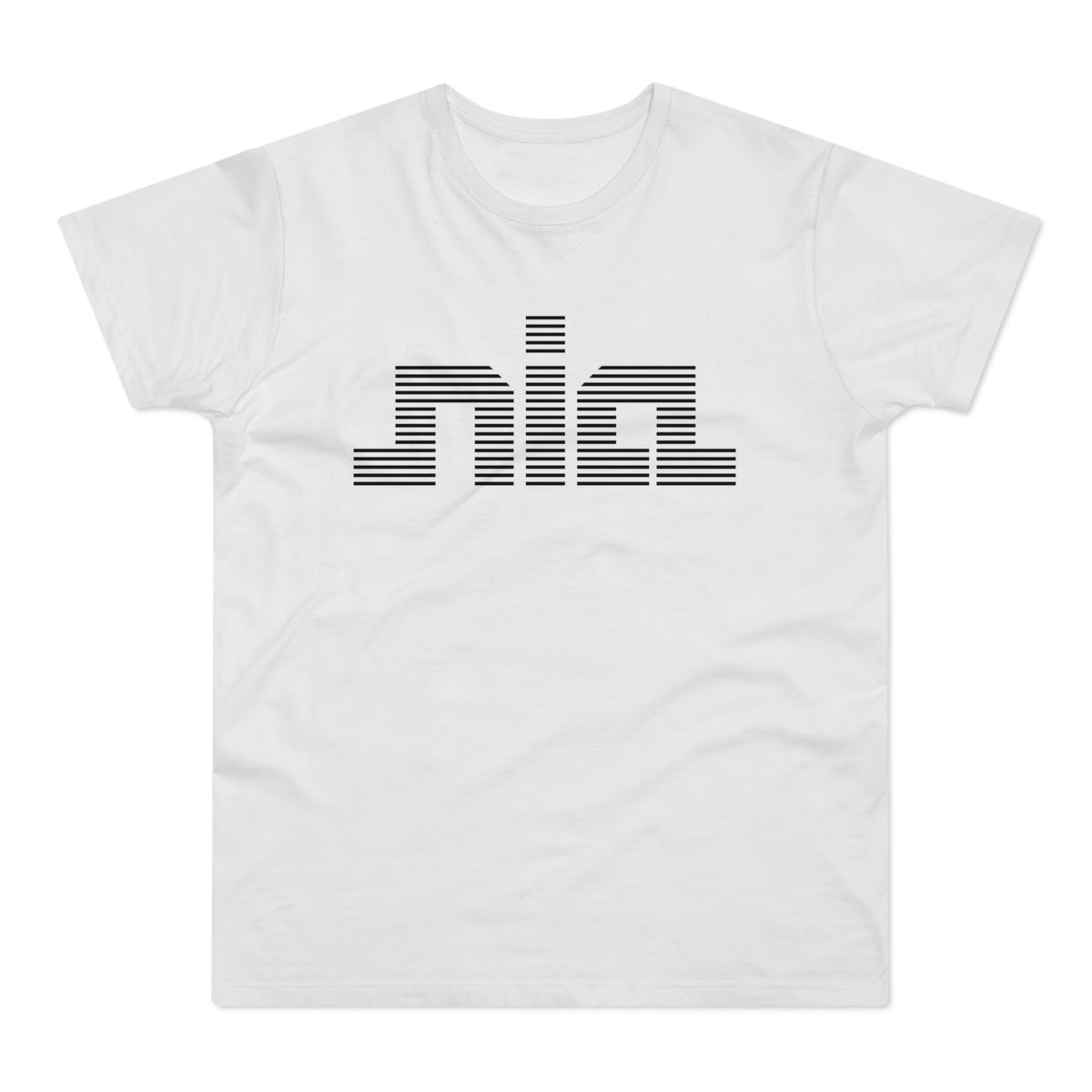 White t-shirt with black striped "nia" logo across the chest.