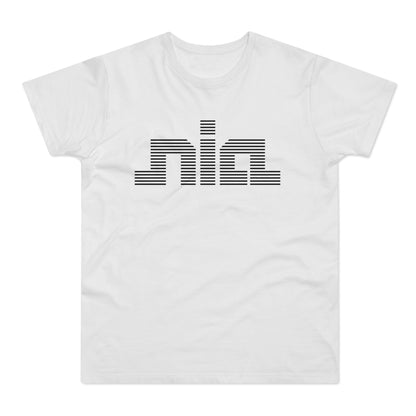 White t-shirt with black striped "nia" logo across the chest.