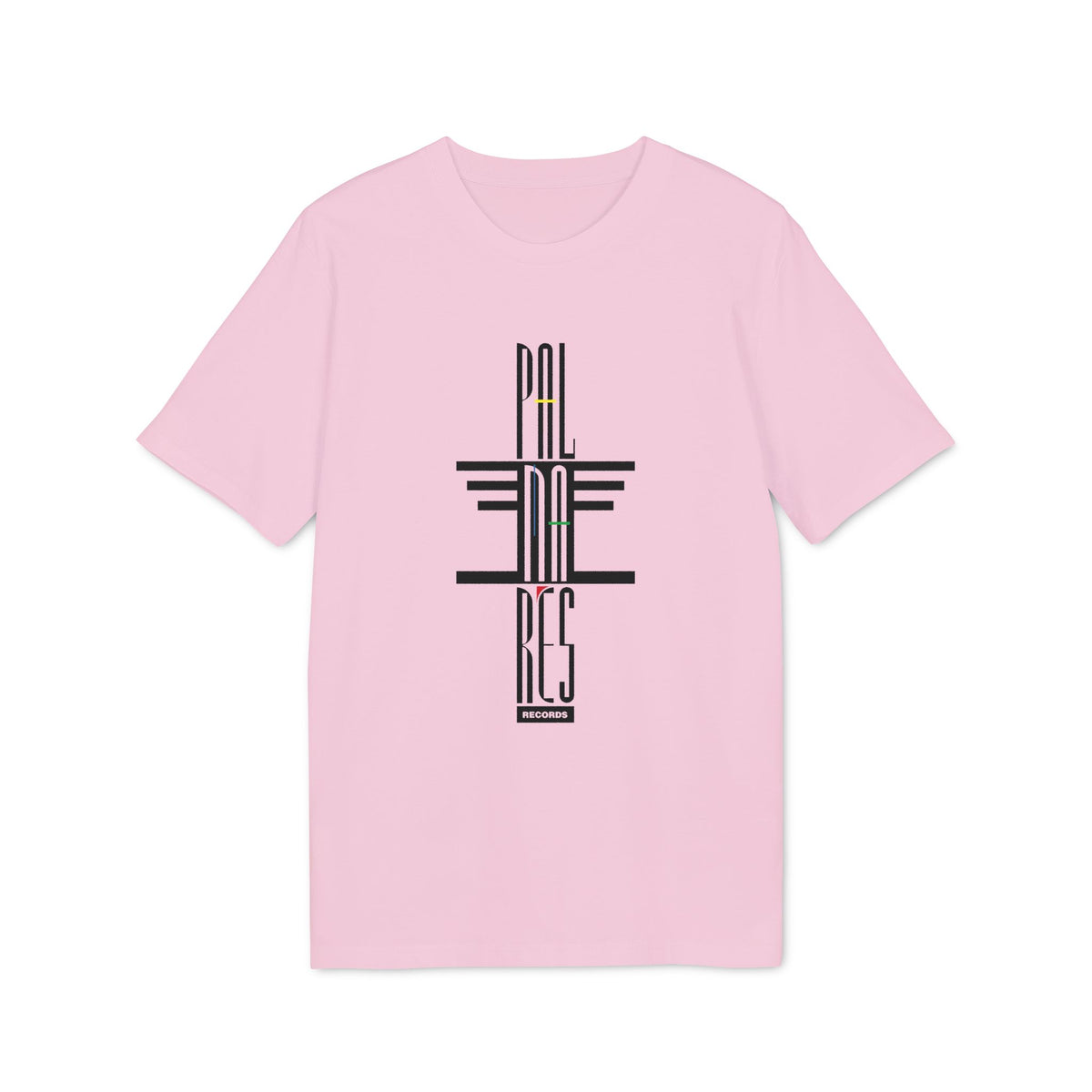 A light pink crewneck t-shirt featuring stylized black text that reads PALMARES RECORDS in the center chest.