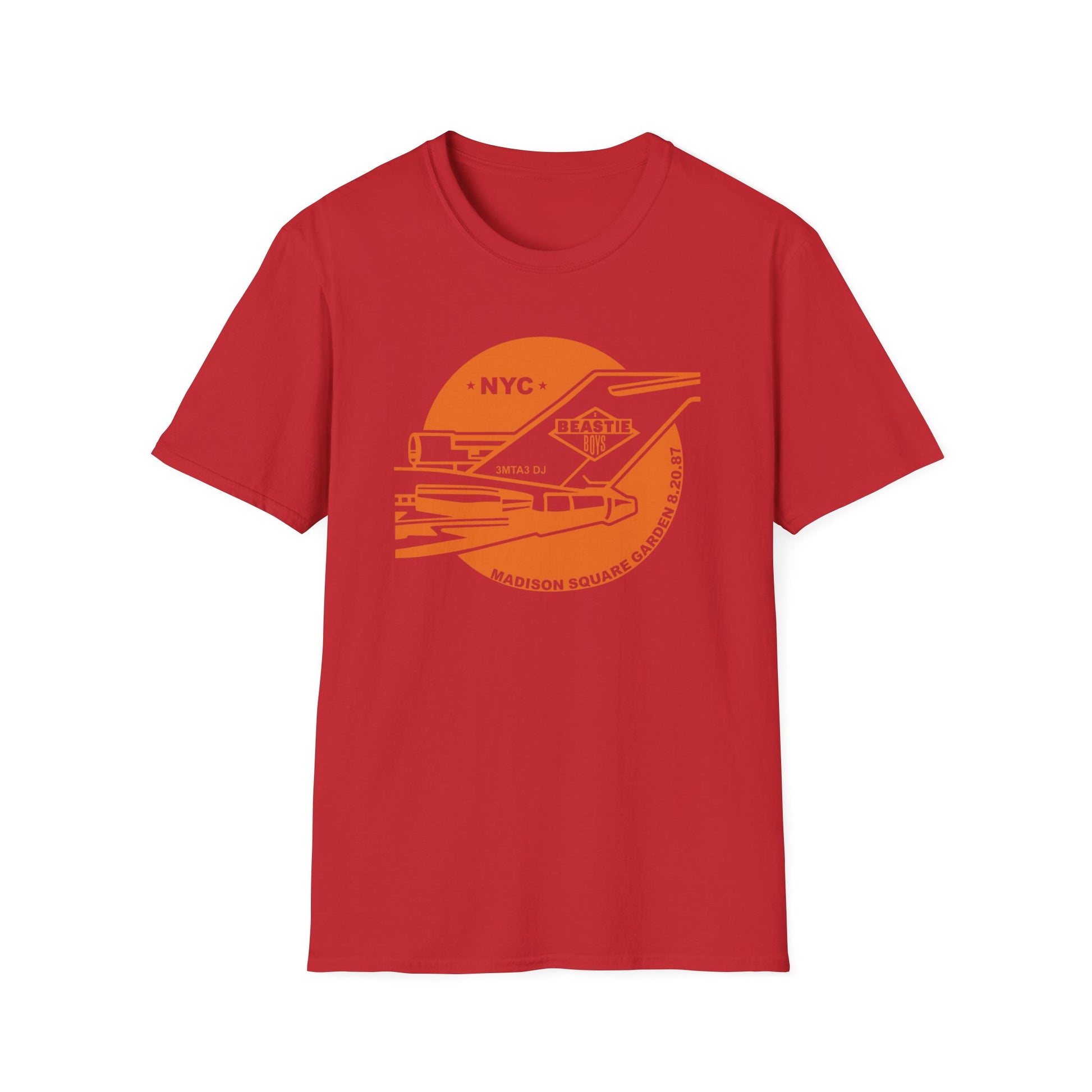 Red t-shirt with Madison Square Garden 8.20.87 graphic.