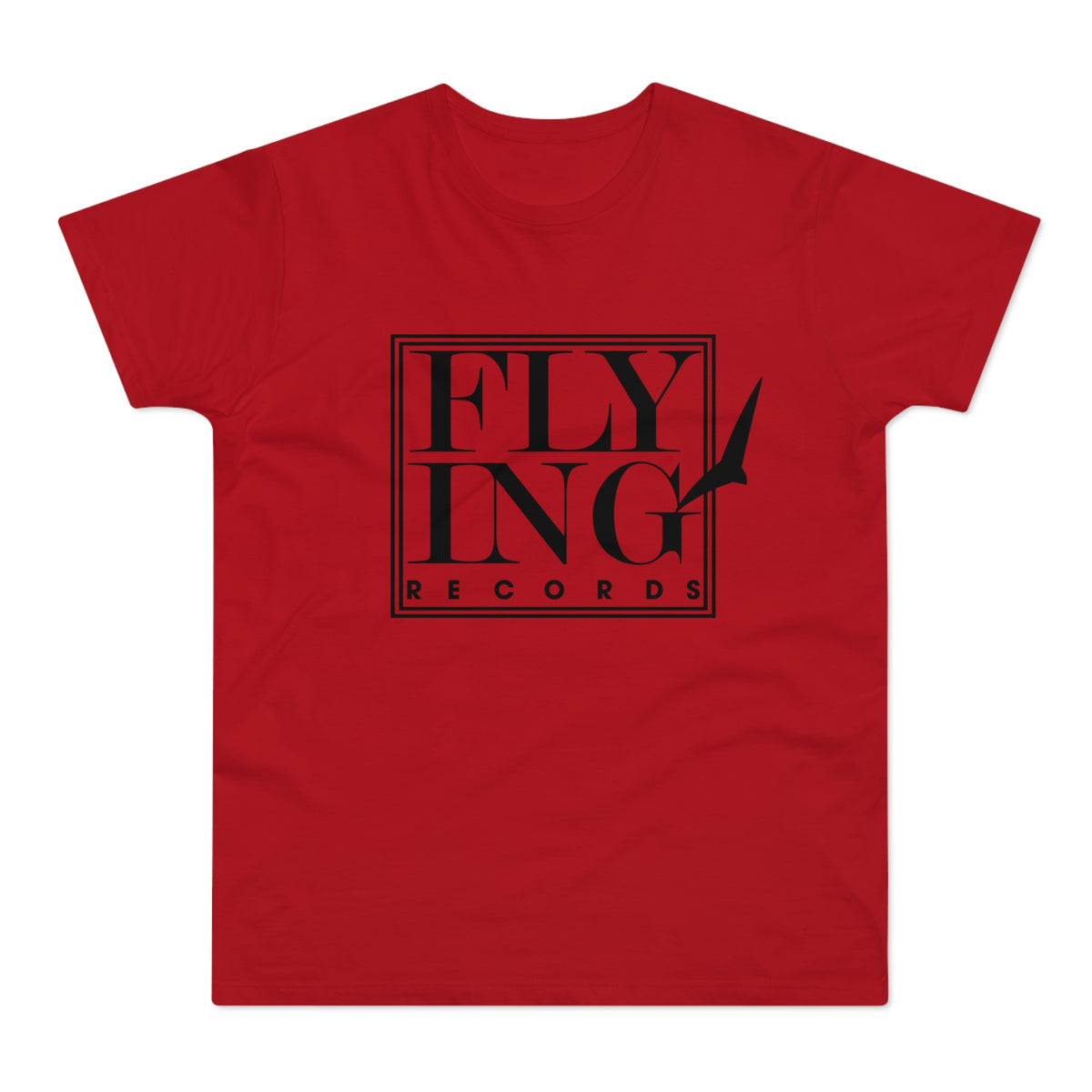 Red t-shirt with black "FLYING RECORDS" text and bird silhouette logo.