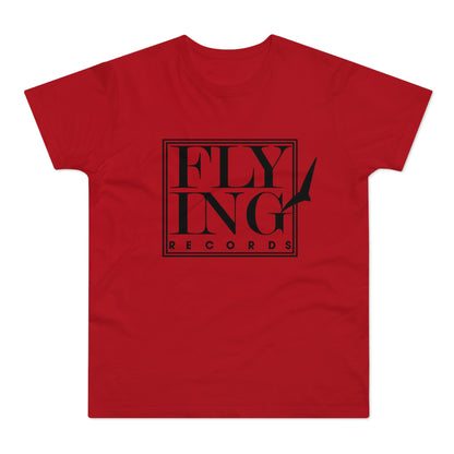 Red t-shirt with black "FLYING RECORDS" text and bird silhouette logo.