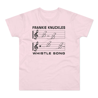 Pink t-shirt with Frankie Knuckles whistle song text and musical notes.