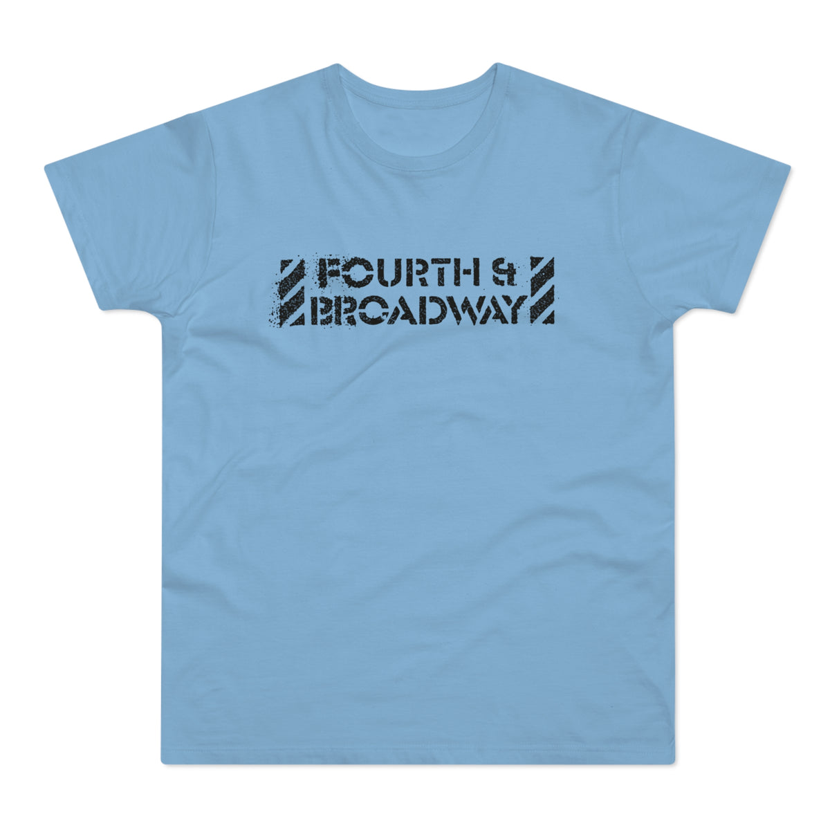 Light blue t-shirt with distressed black "FOURTH & BROADWAY" text graphic.