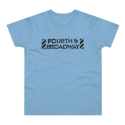 Light blue t-shirt with distressed black "FOURTH & BROADWAY" text graphic.