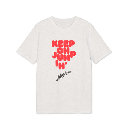 Light grey short-sleeved t-shirt featuring bold red text that reads KEEP ON JUMPIN and cursive black text below.