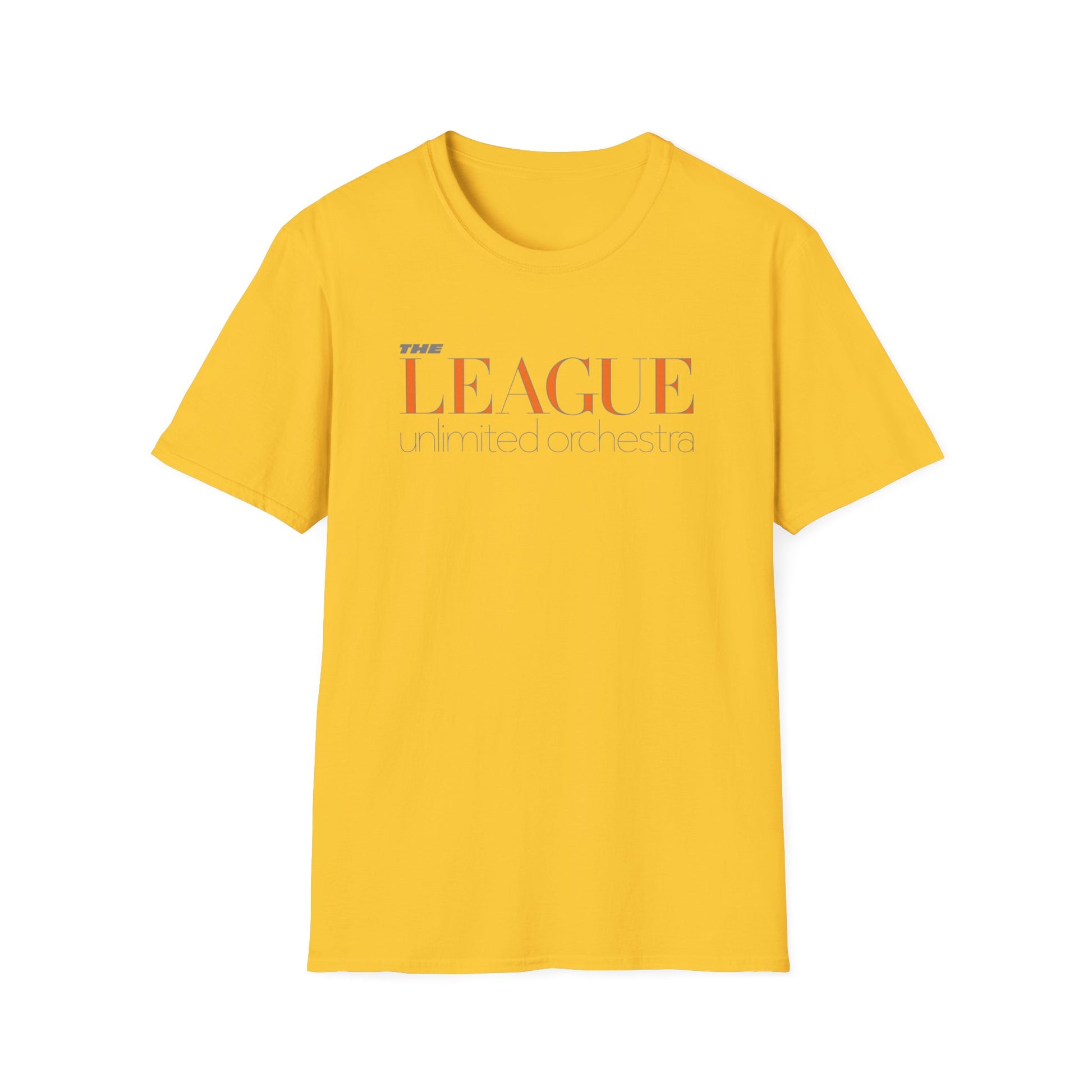Yellow t-shirt with "THE LEAGUE" and "unlimited orchestra" text.