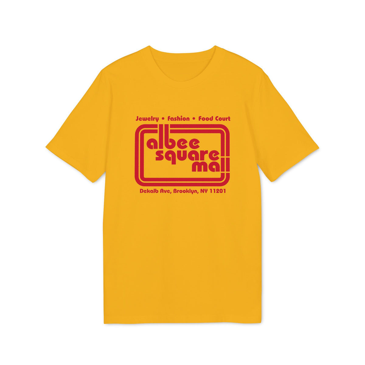 Gold short-sleeve t-shirt featuring a red retro graphic and text reading Albee Square Mall.