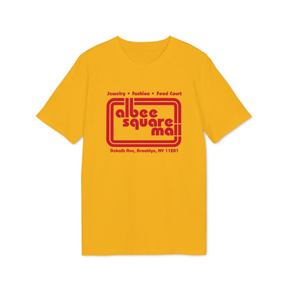 Gold short-sleeve t-shirt featuring a red retro graphic and text reading Albee Square Mall.