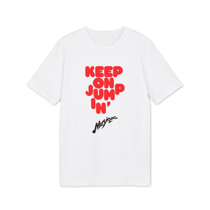 A white short-sleeved t-shirt featuring red bubble text that reads KEEP ON JUMPIN and black script text below.