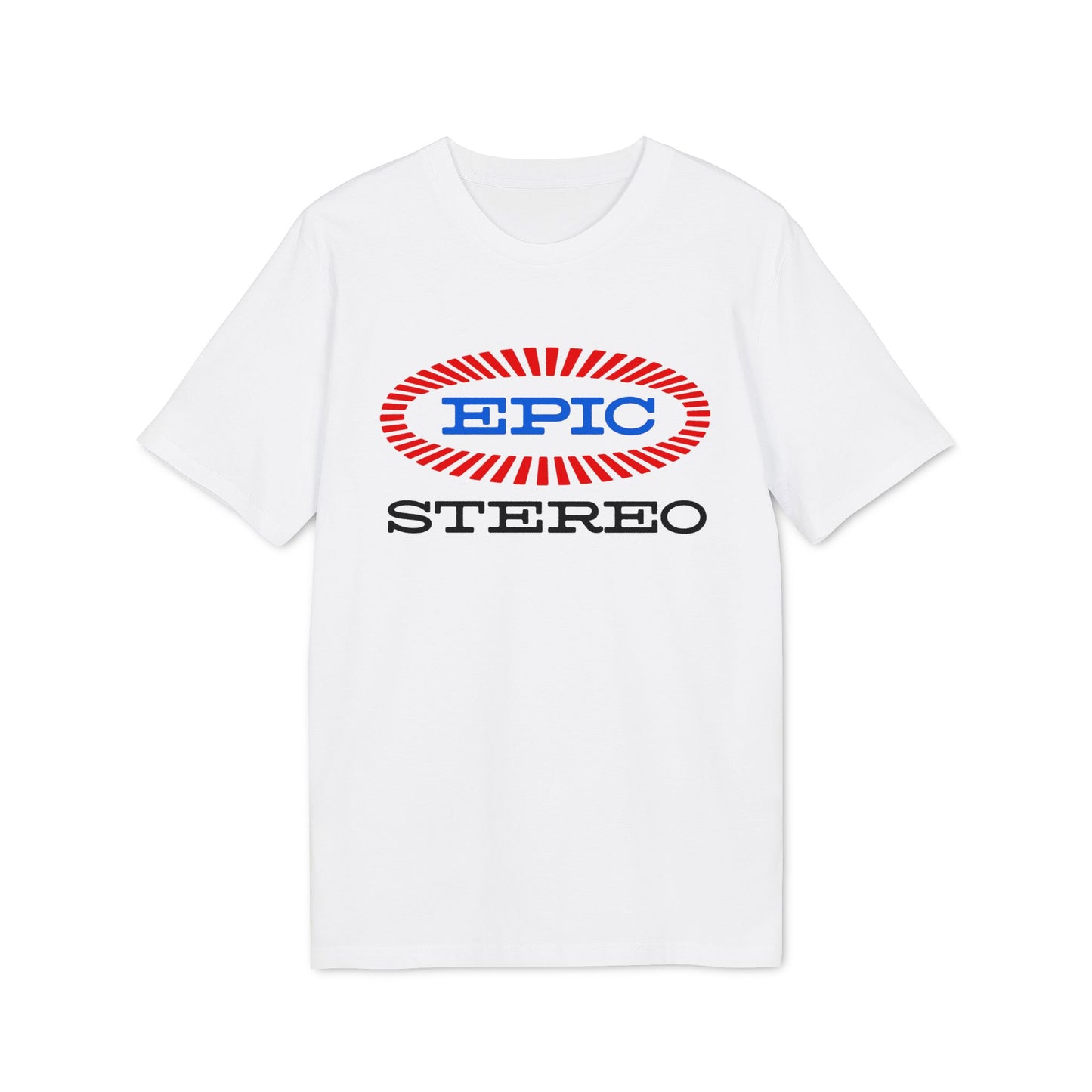 White t-shirt with blue "EPIC" text inside a red oval, and "STEREO" text below.