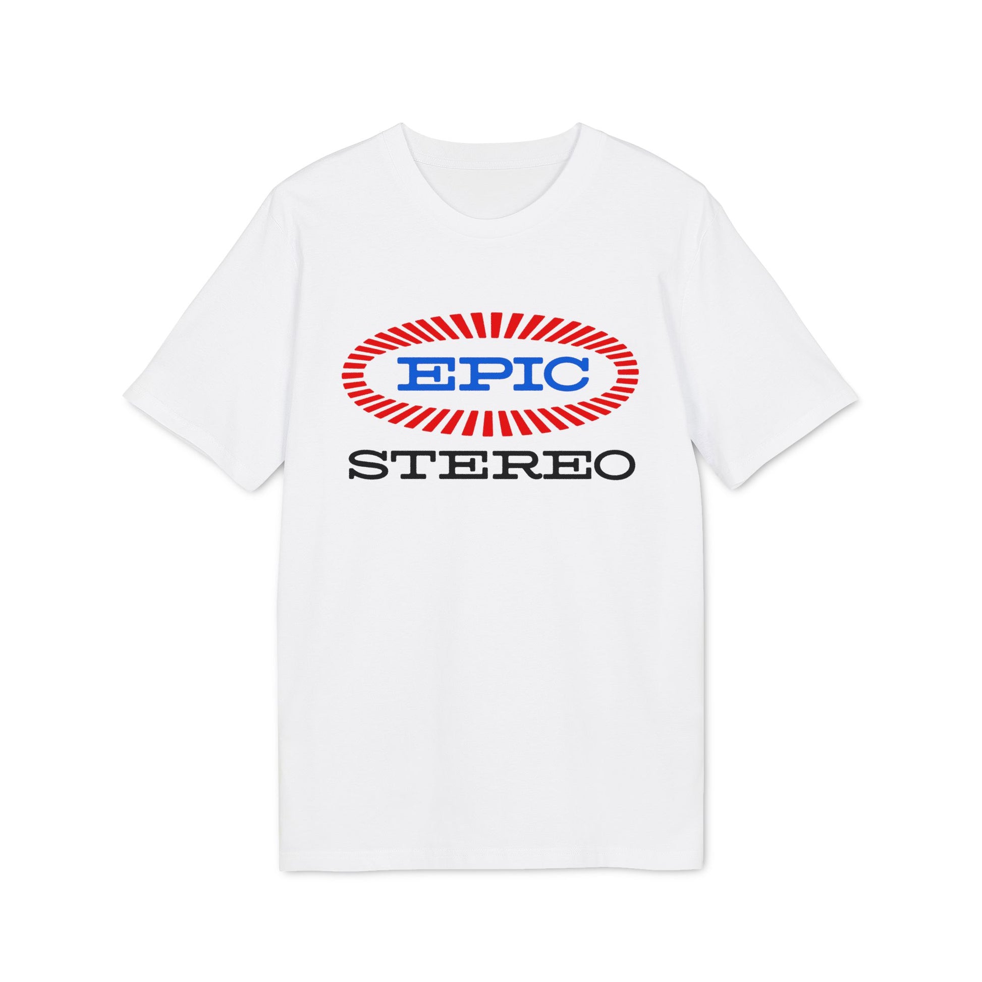 White t-shirt with blue "EPIC" text inside a red oval, and "STEREO" text below.