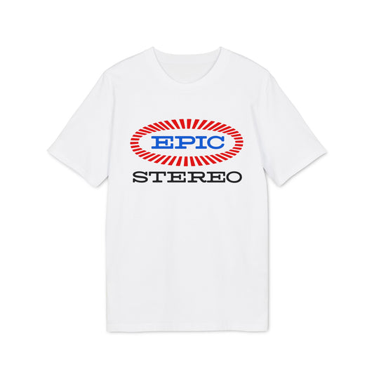 White t-shirt with blue "EPIC" text inside a red oval, and "STEREO" text below.