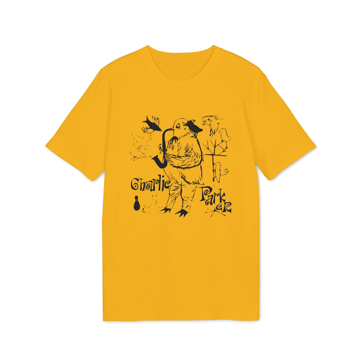 Gold short-sleeve t-shirt featuring a black graphic of a bird playing a saxophone and the text Charlie Parker.